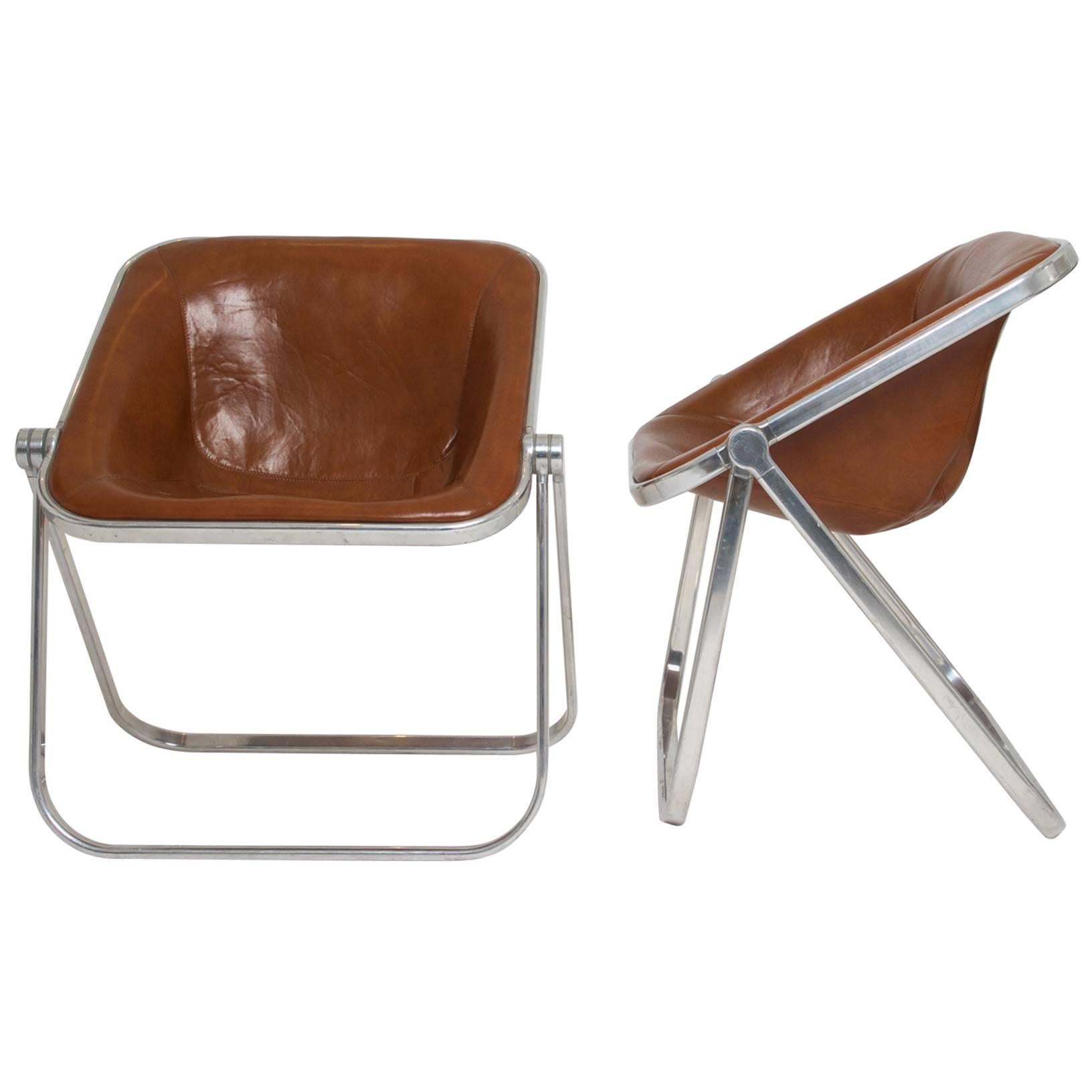 1969, Giancarlo Piretti, Castelli, Pair of Plona Cognac Leather Folding Chairs