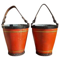 Antique Pair of English Painted & Giltwood Fire Buckets, Circa 1840