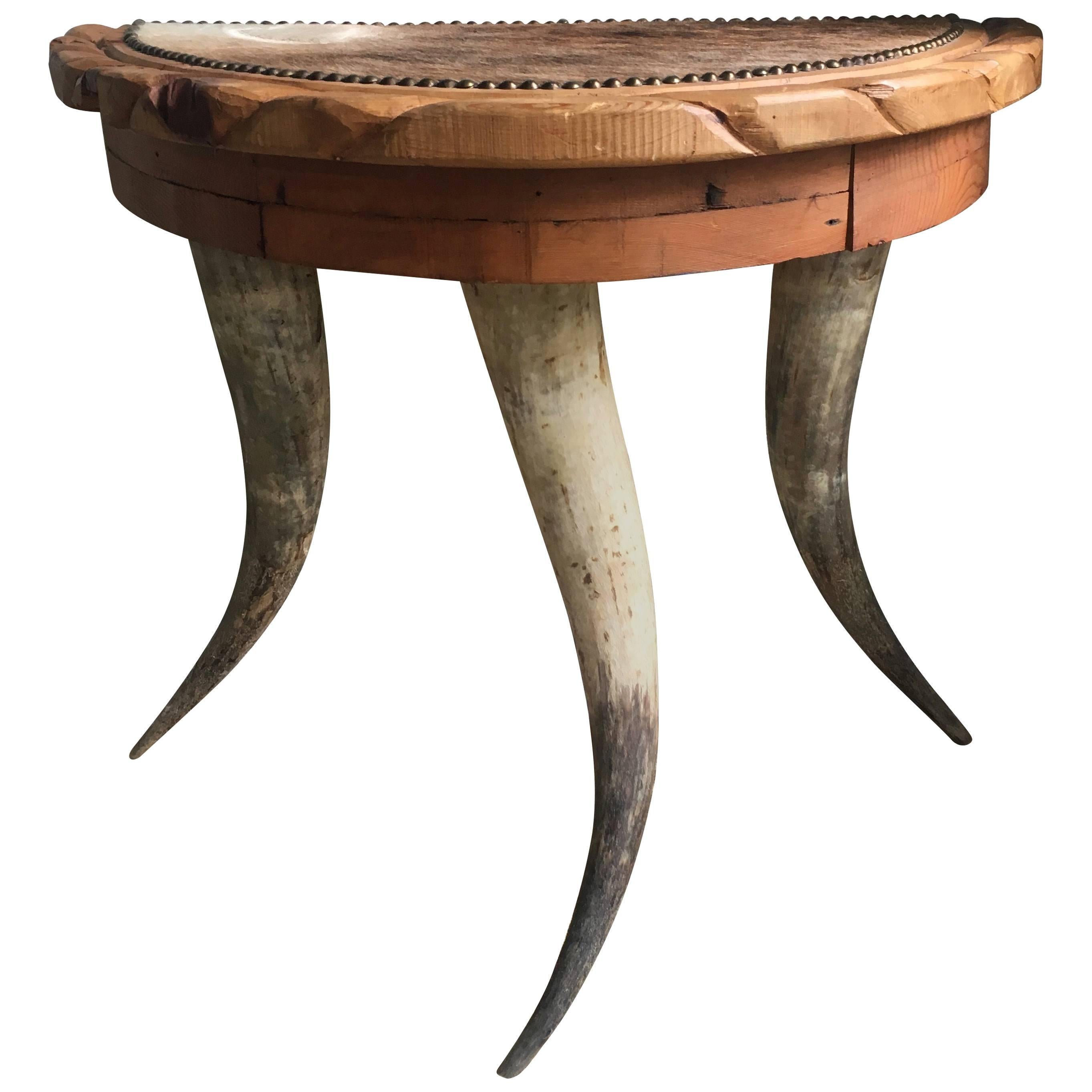 Demilune Antler Folk Art Table with Hide and Nailhead Top