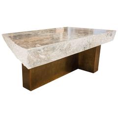 "T" Table Brass Base with One of a Kind Crystal Ice Edge Top by Robert Kuo