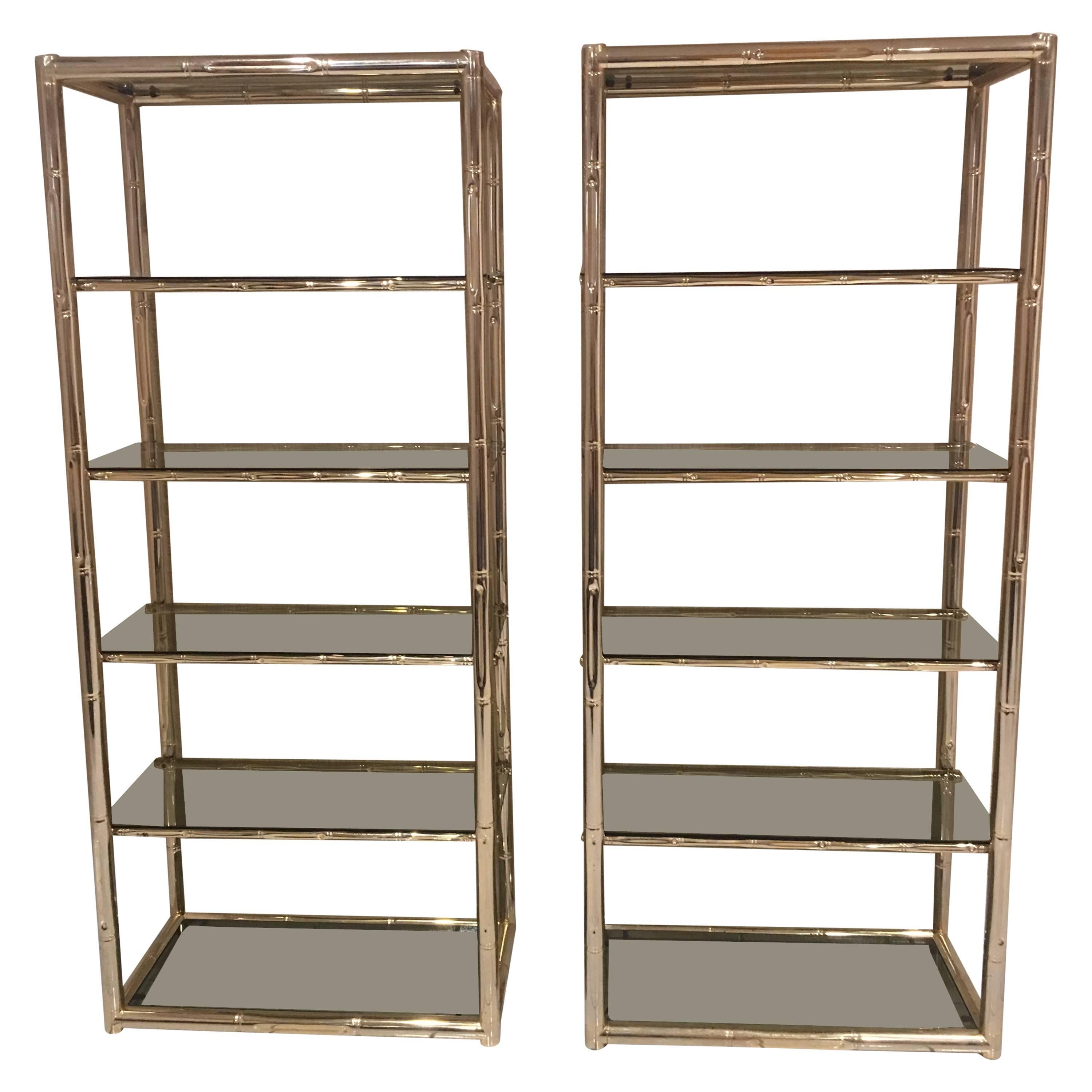 Pair Faux Bamboo Brass Etageres Glass Display Shelves Hollywood Regency Metal