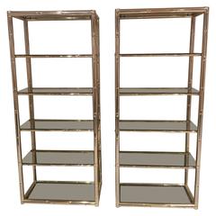 Pair Faux Bamboo Brass Etageres Glass Display Shelves Hollywood Regency Metal 3