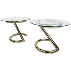 Pair of Mid-Century Modern Circular Brass and Glass End Tables