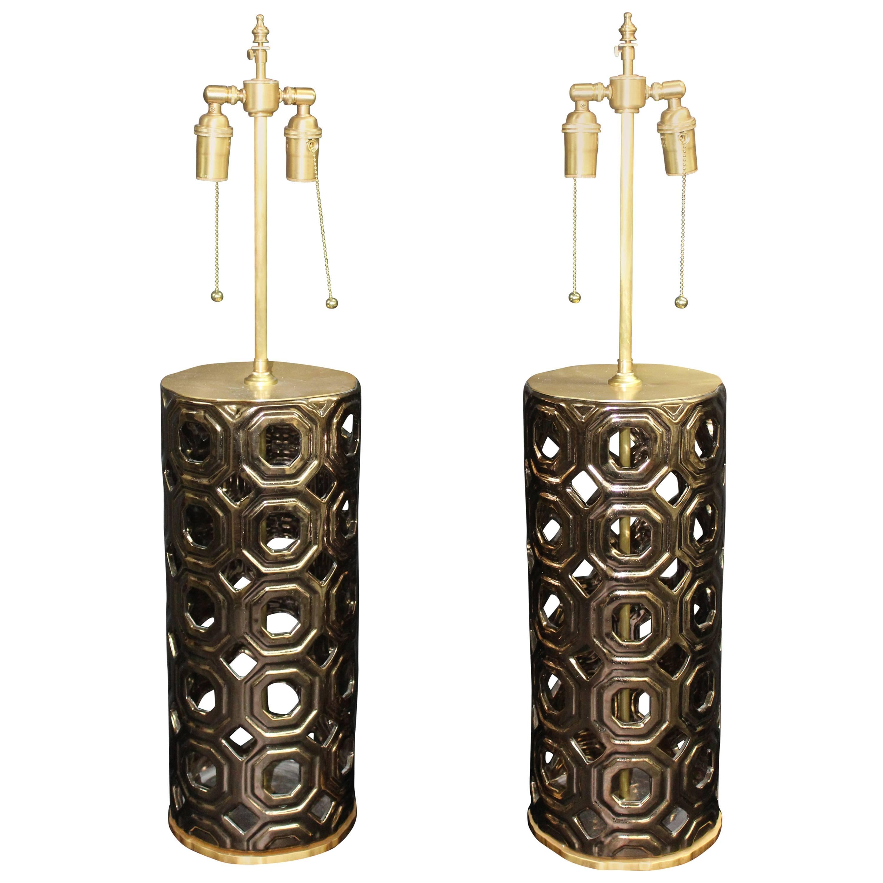 Elegant Bronze Ceramic Vessels with Lamp Application with Brushed Brass Hardware