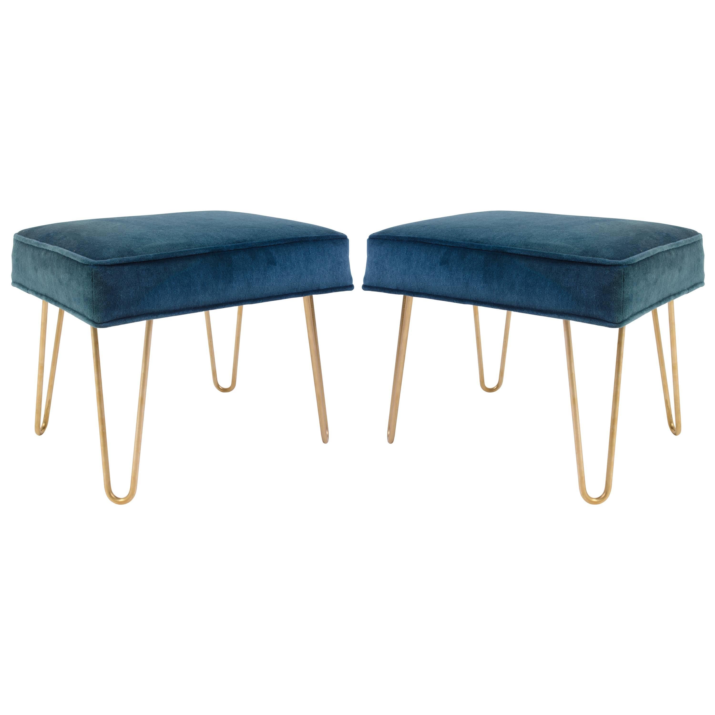 Petite Brass Hairpin Ottomans in Teal Velvet by Montage