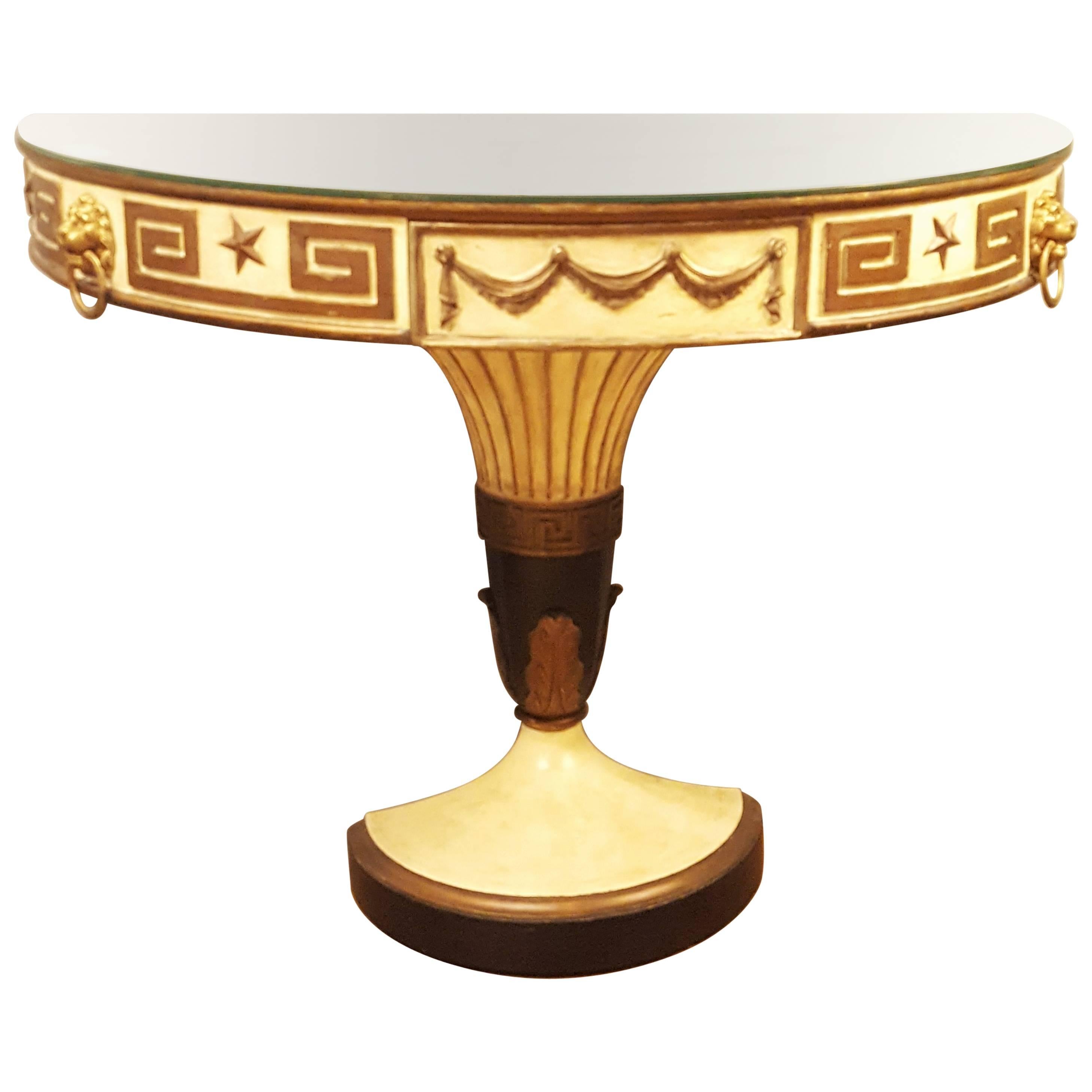 Mirrored Top Demilune Console Table Gold Gilt Greek Key Design Manner Of Jansen