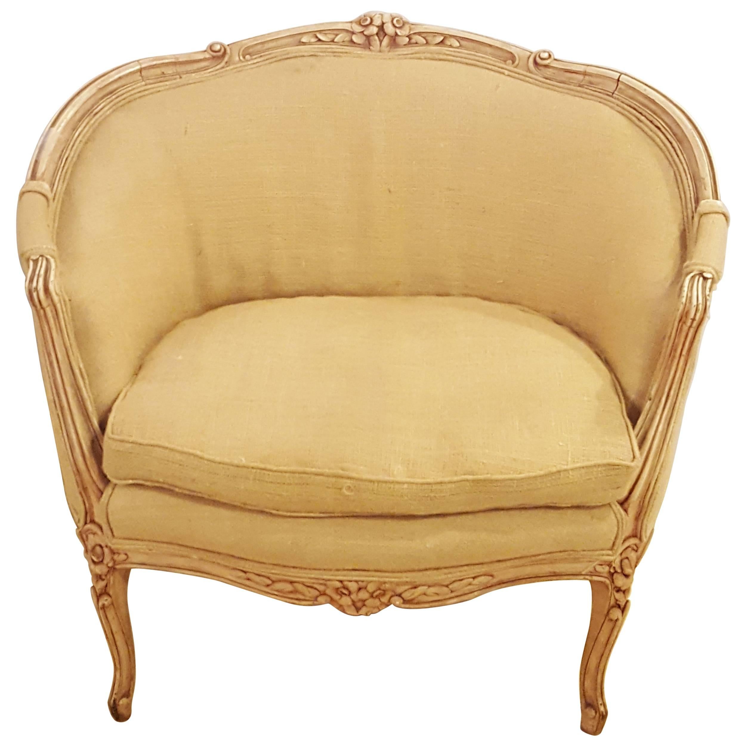 Louis XV Style Distressed Barrel Back Armchair Carved Frame With Rosettes