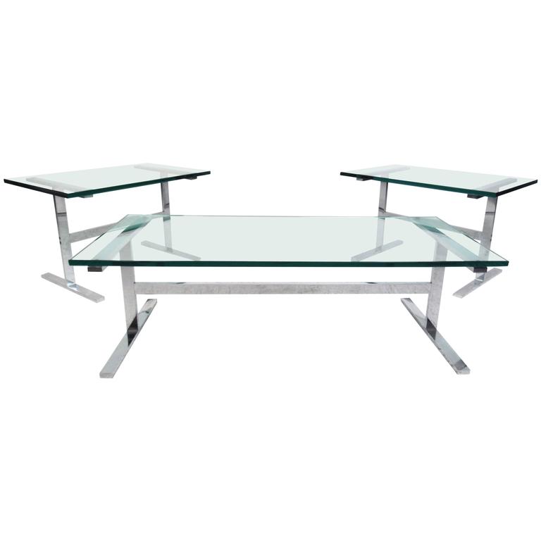 Mid Century Modern Chrome Coffee Table With Smoked Glass Top For Mid Century Chrome Coffee Table Set