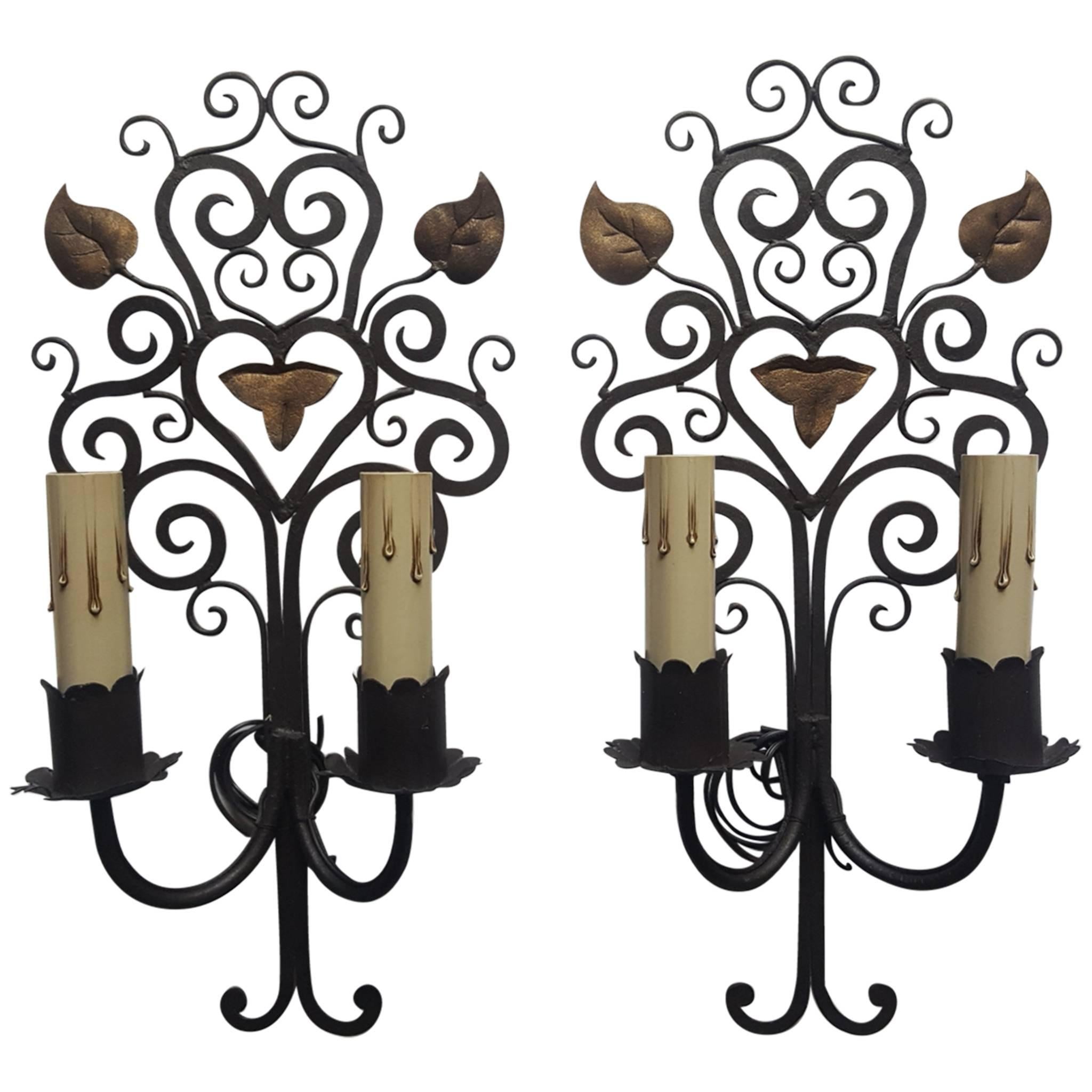 Pair of French Iron Two-Arm Sconces