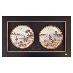 Superb Pair Antique framed Japanese SEASHORE Hand-Painted Plates, Kutani  