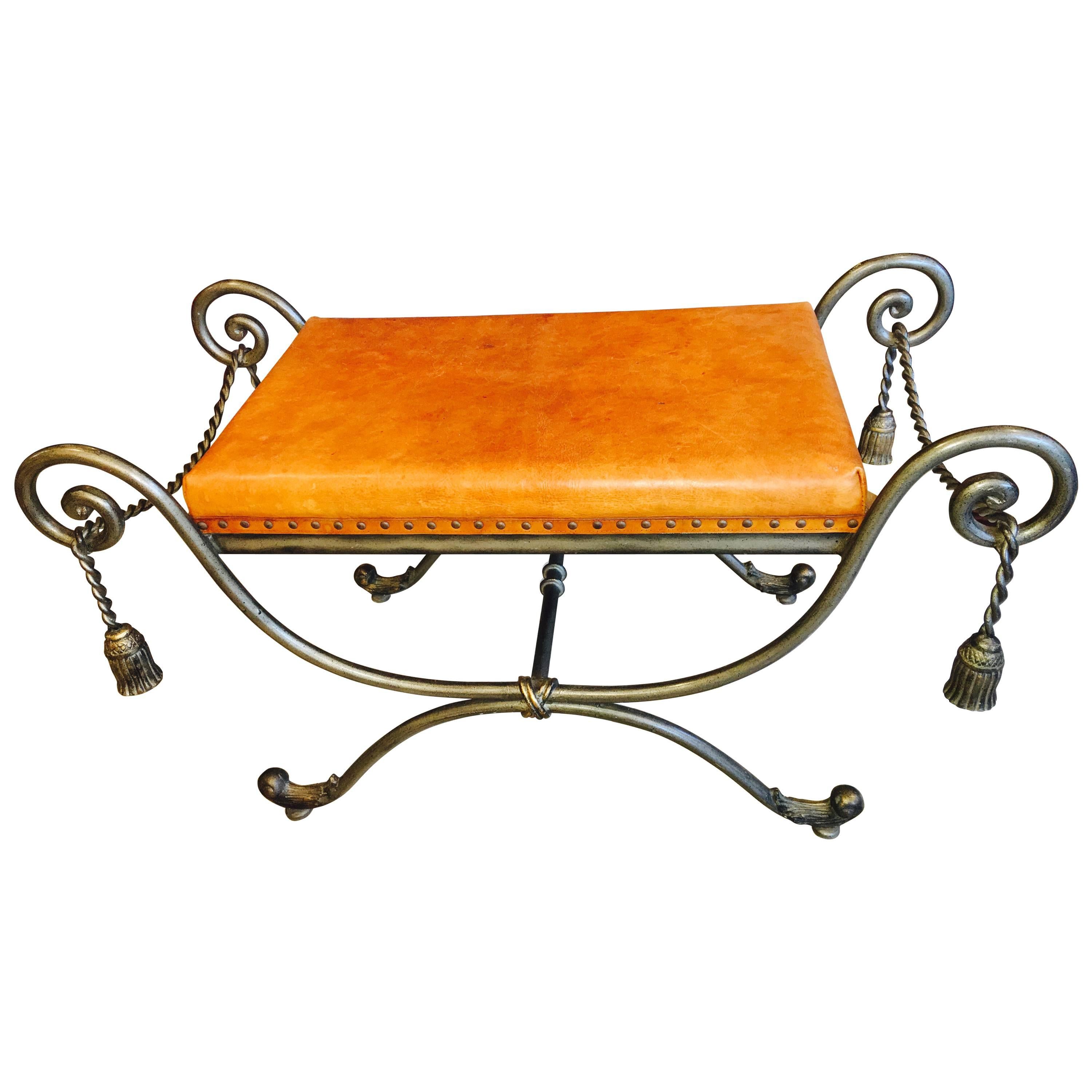 Mid-Century French Tassel Bench of Solid Steel with Original Leather Top