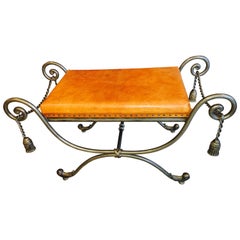 Retro Mid-Century French Tassel Bench of Solid Steel with Original Leather Top