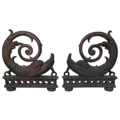 Pair of Neoclassical Bronze Dolphin Andirons