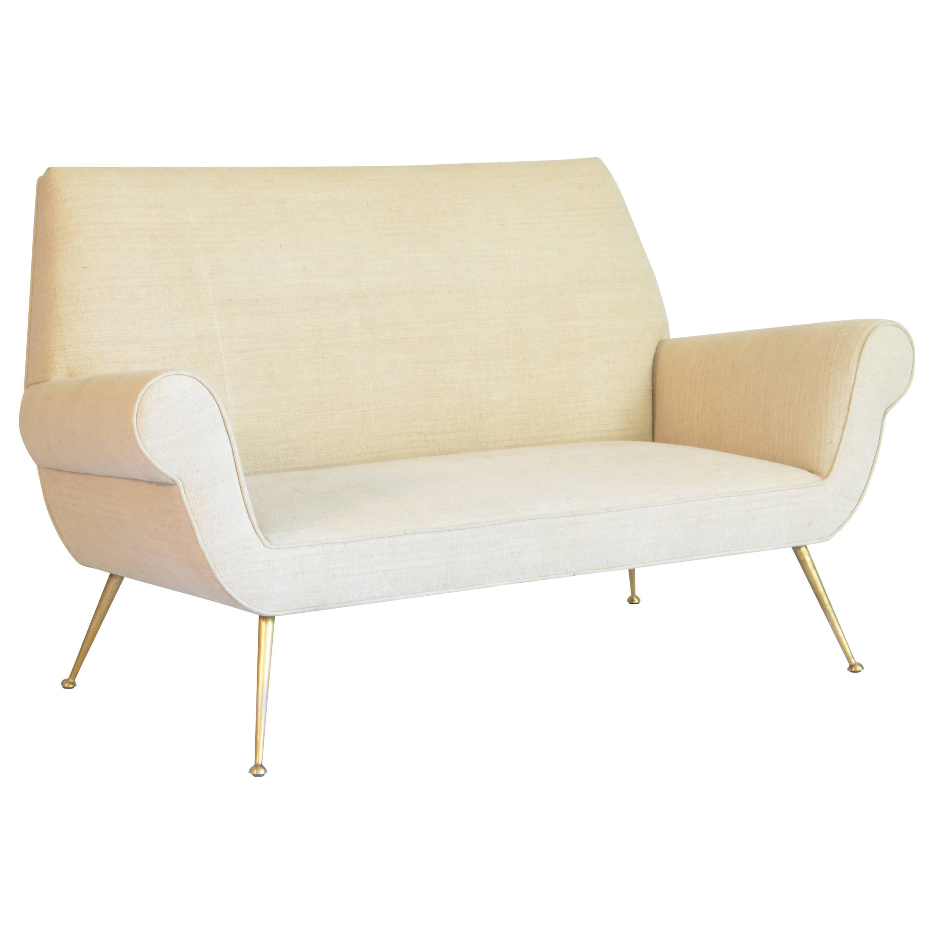 1960s Settee in Vintage French Linen with Brass Legs