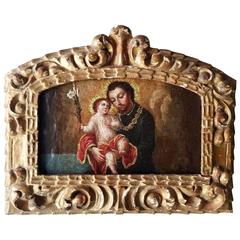 19th Century Spanish Colonial Painting on Panel of Joseph and Child Orig Frame
