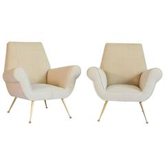 1960s Chairs in Vintage French Linen with Brass Legs