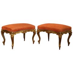 Pair of 19th Century French Louis XV Carved Stools with Gilt Finish