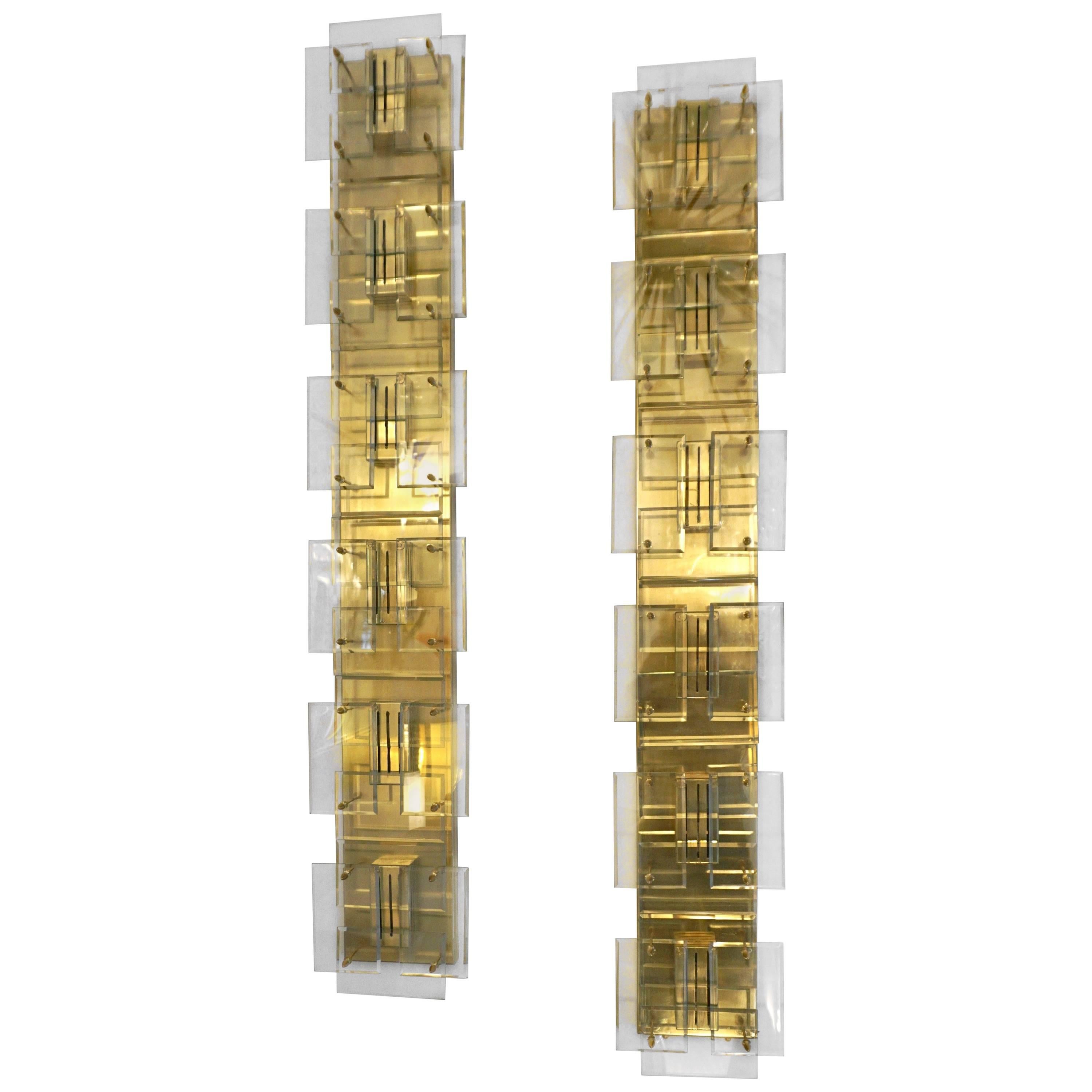 1980s Italian Pair of Modern Gold Brass Monumental Sconces with Aqua Tint Glass