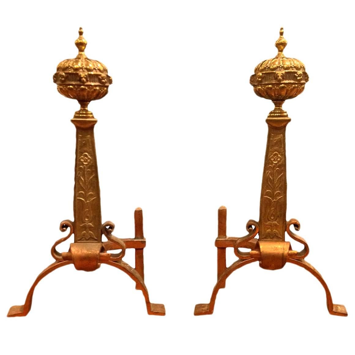 Pair of Brass and Copper 19th Century English Andirons