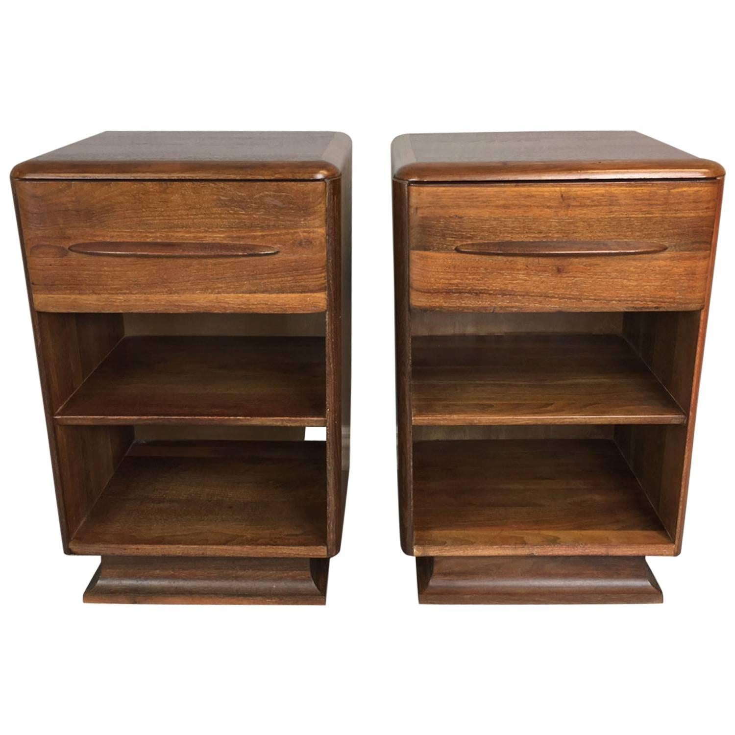 Pair of walnut nightstands by Bissman Furniture Company, circa 1950s. Professionally restored. Simple...but sharp and rich.