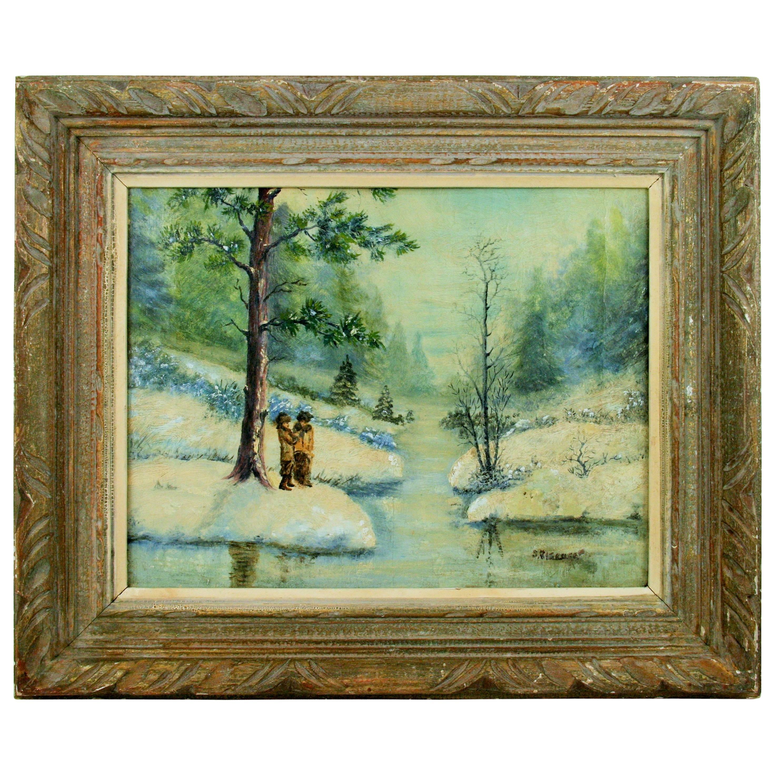 Antique  Impressionist Figural Landscape Painting Winter Scene 1940's