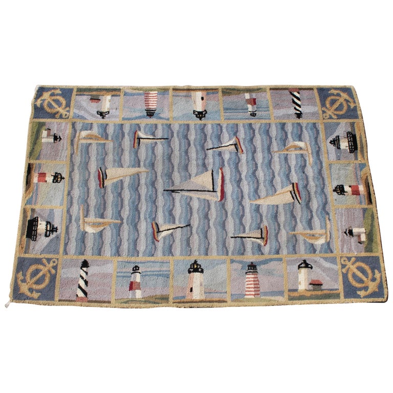 Pictorial HandHooked Nautical Room Size Rug For Sale at 1stDibs