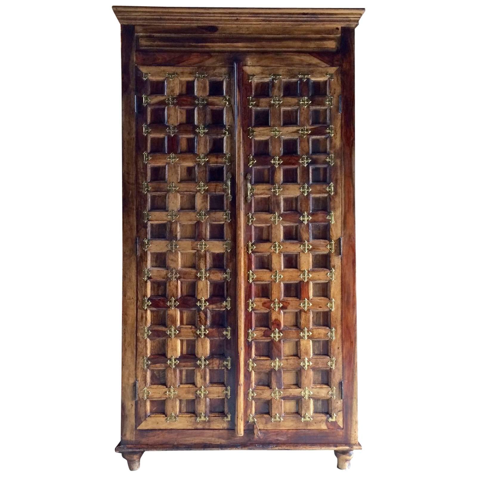Large Antique Style Arabic Single Wardrobe Brass Stud Work Solid Wood