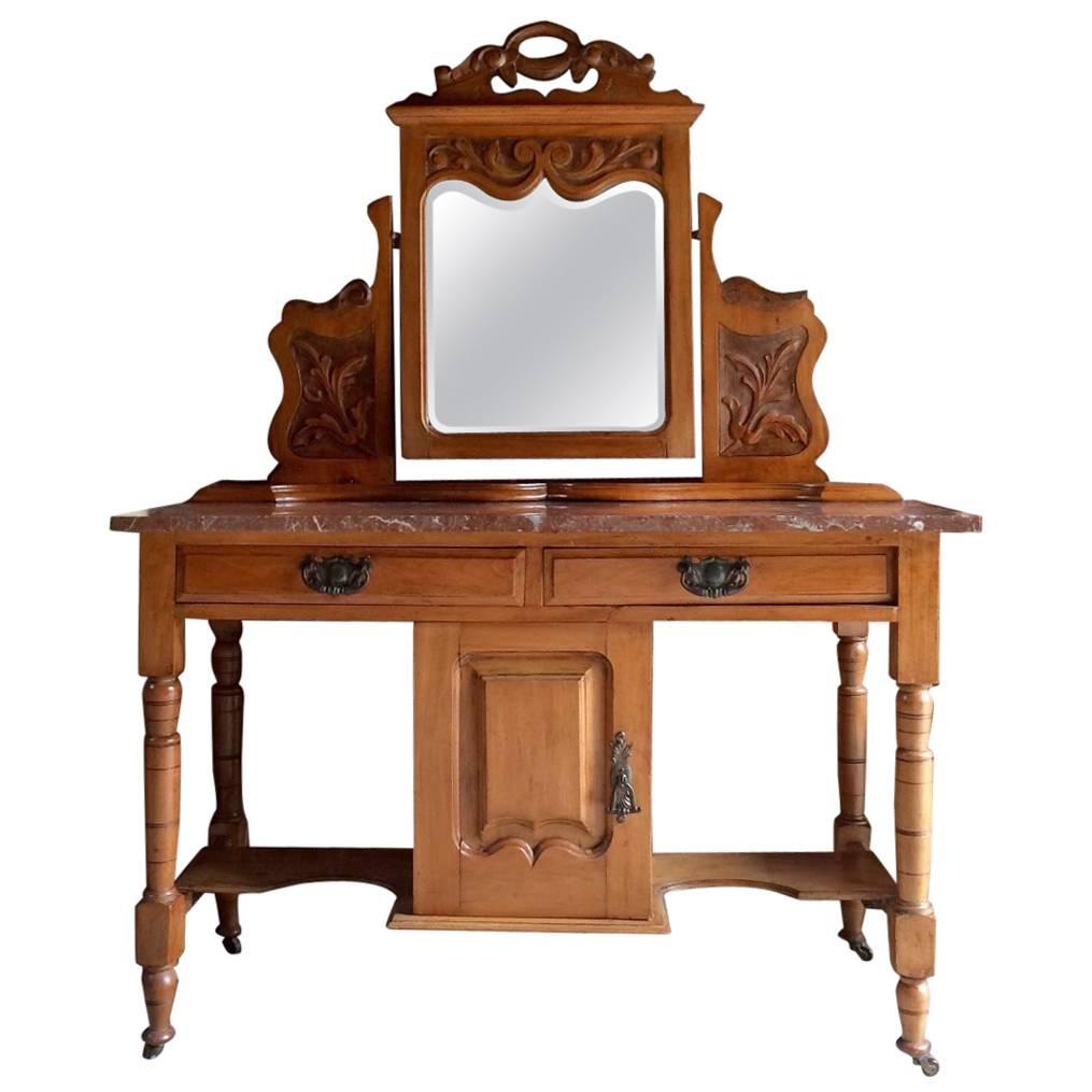 Antique Large Satin Walnut Marble-Topped Washstand, 19th Century Mirror