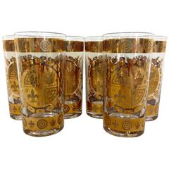 S/6 Mid-Century 22-carat Gold and Blue Fleur De Lis High Ball Glassses
