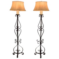 Antique Pair of Italian Wrought and Parcel-Gilt Floor Lamps, 19th Century