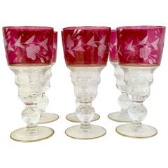 S/6 Etched Cranberry Glass and 22-karat Cordial Stem Glasses