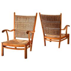 Mart Stam Pair of Oak and Rush Armchairs, Netherlands, 1940s