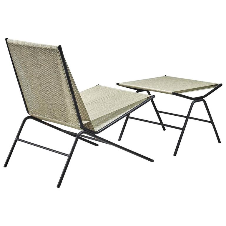 Allan Gould Rare Iron and Rope 'Bow' Chair with Ottoman, USA, 1950s For