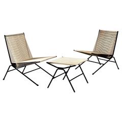Allan Gould Rare Iron and Rope 'Bow' Chairs with Ottoman, USA, 1950s 2