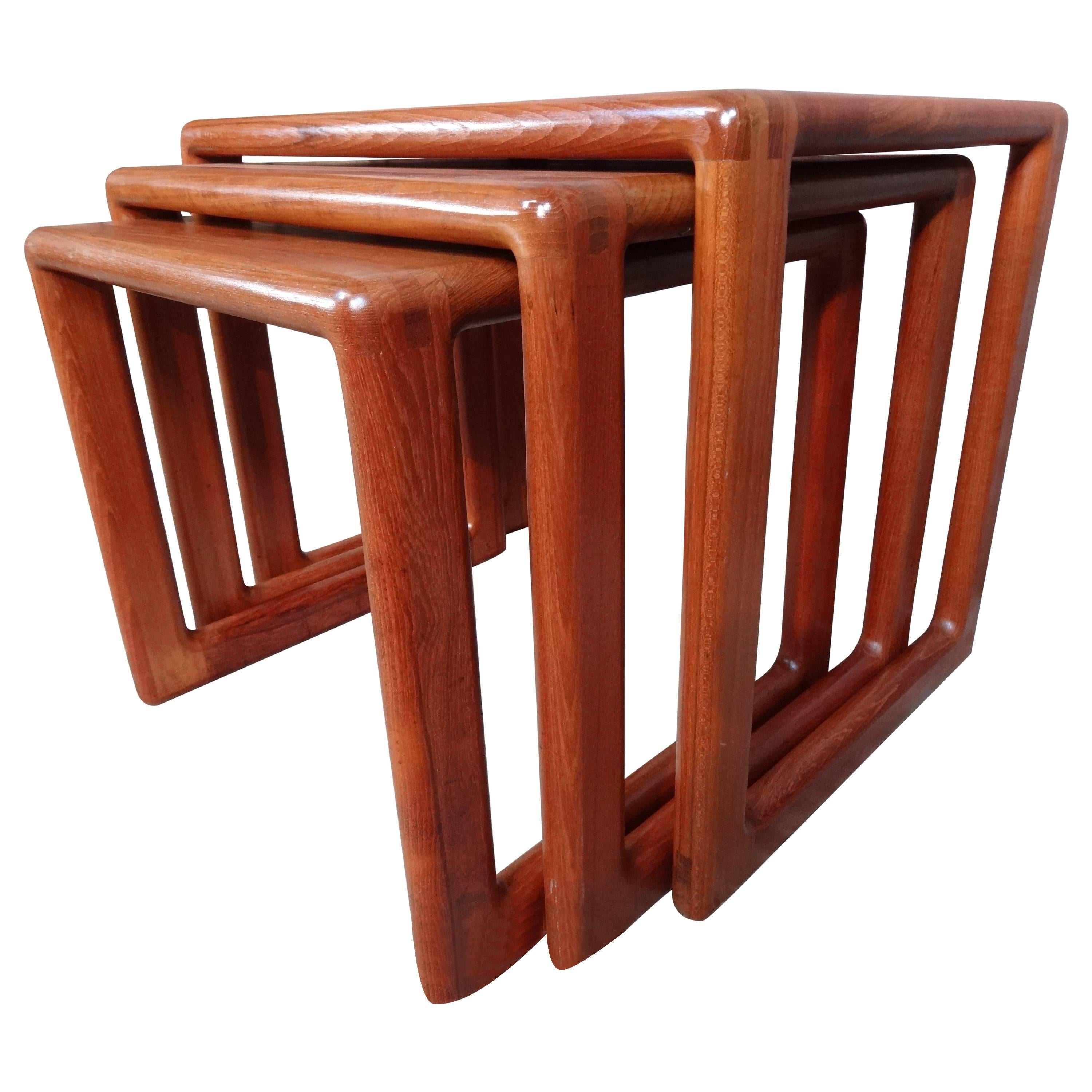 Rare Set of Three Solid Teak Mid-Century Modern Dyrlund Nesting Tables