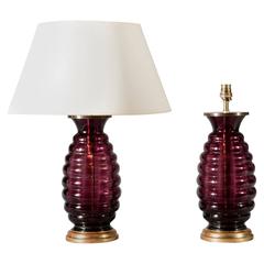 Antique Pair of Art Deco Purple Ribbed Glass Vases