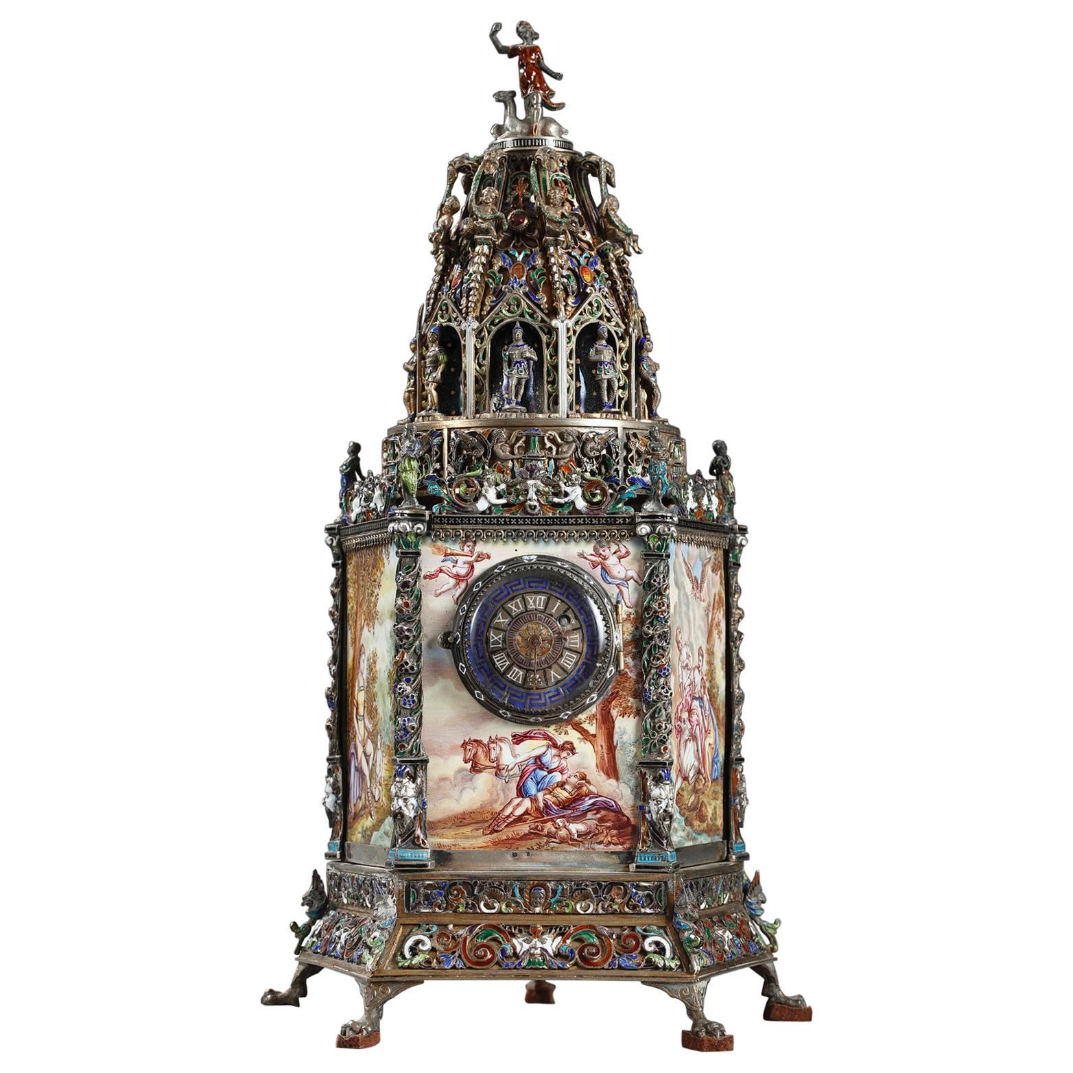 Viennese Enamel and Silver Clock