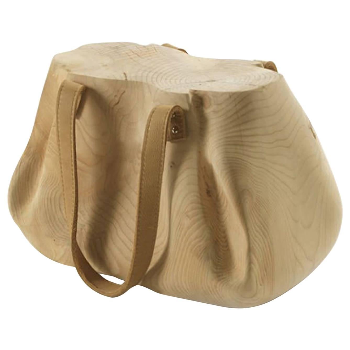 Bag Stool in Solid Natural Cedar Wood Hand-Carved with Leather