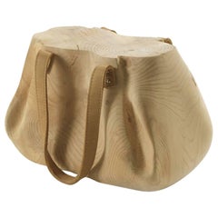 Antique Bag Stool in Solid Natural Cedar Wood Hand-Carved with Leather