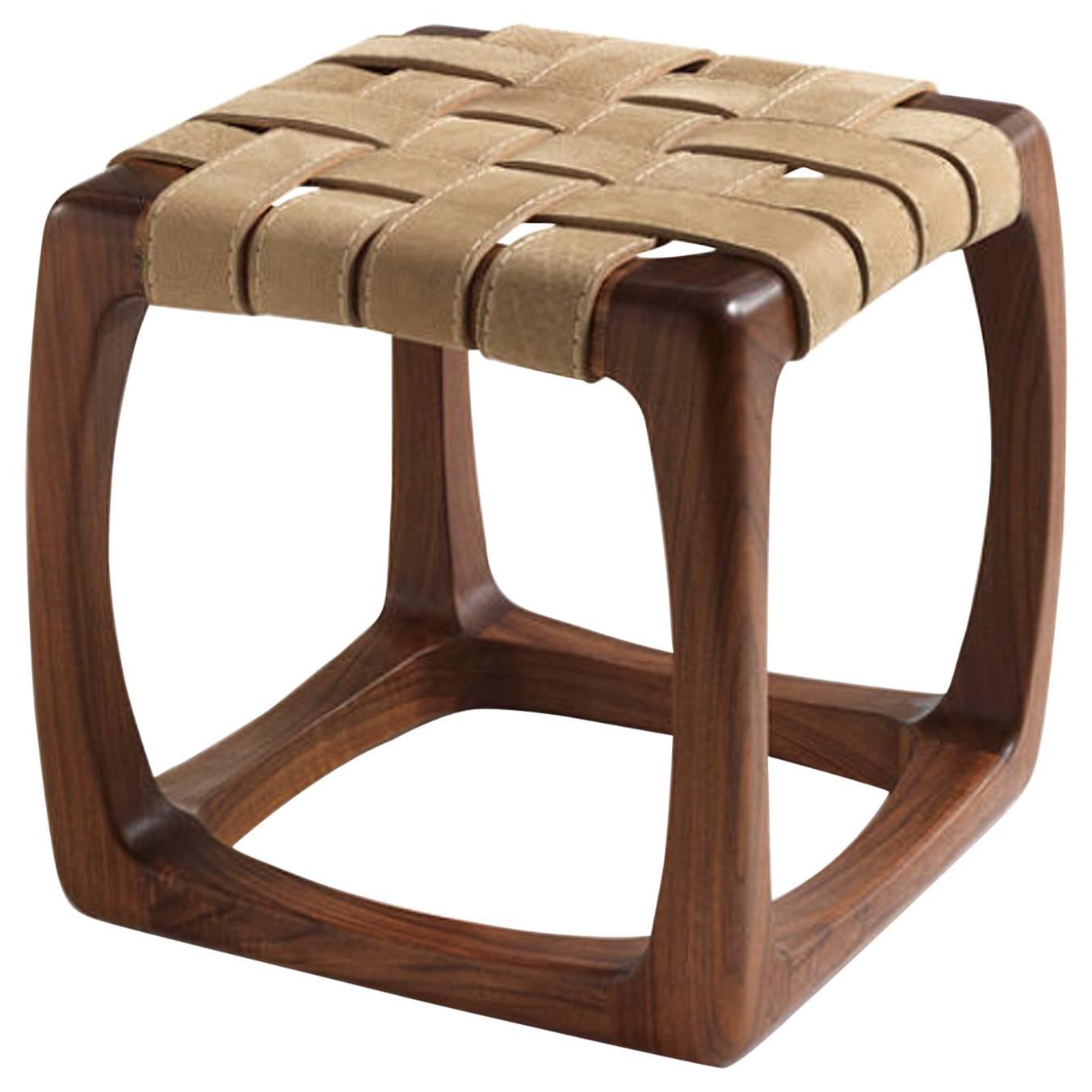 Berlingo Stool in Solid Polished Walnut with Leather Straps For Sale