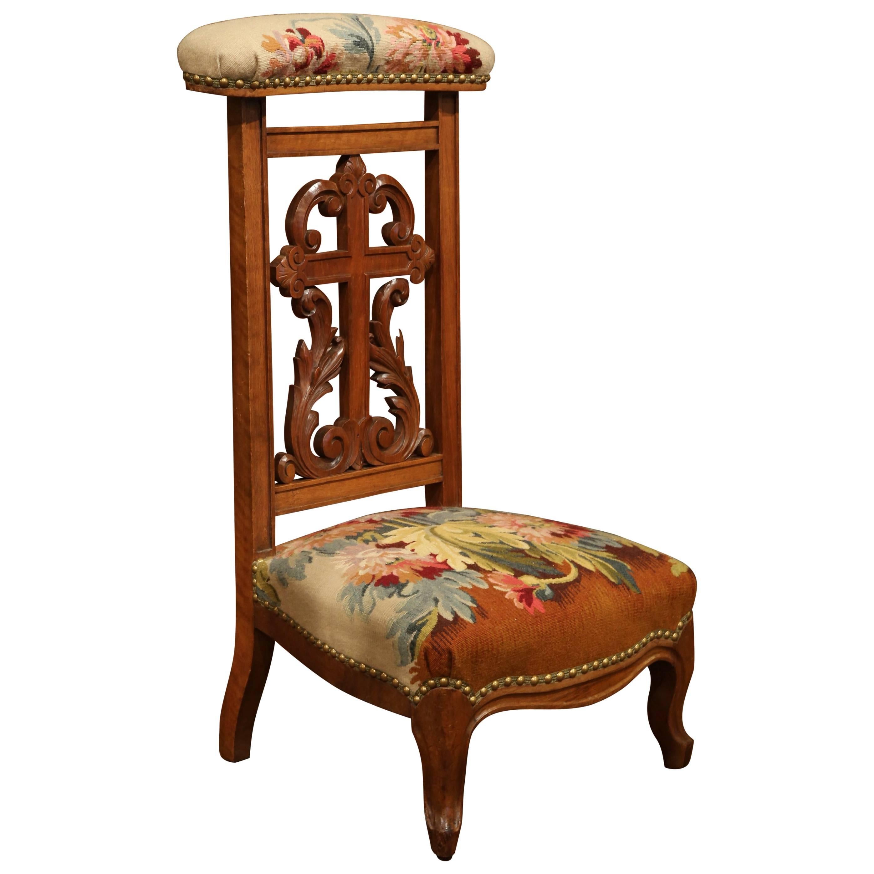19th Century French Louis XV Carved Walnut "Prie-Dieu" with Aubusson Tapestry