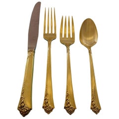 Used Damask Rose by Oneida Sterling Silver Flatware Service 12 Set Vermeil Gold 