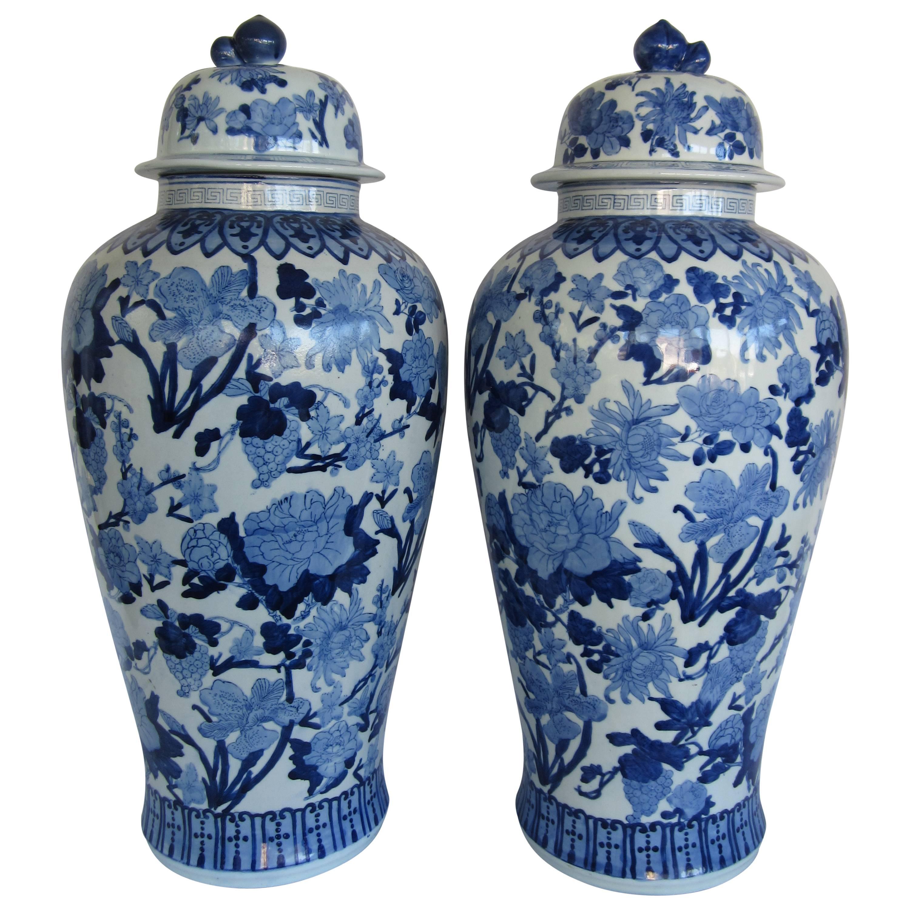 Large Pair of Chinese Blue and White Vases with Lids
