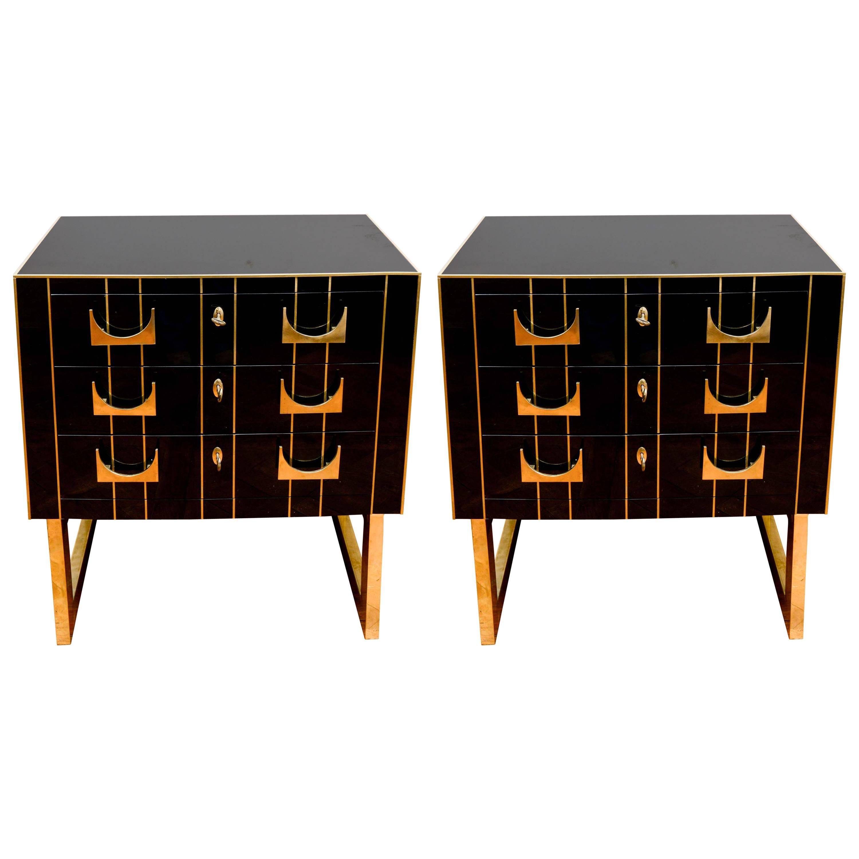 Pair of Black Mirror Commodes