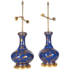 Pair of Chinese Blue Poudre Porcelain and Gilt Decorated Lamps