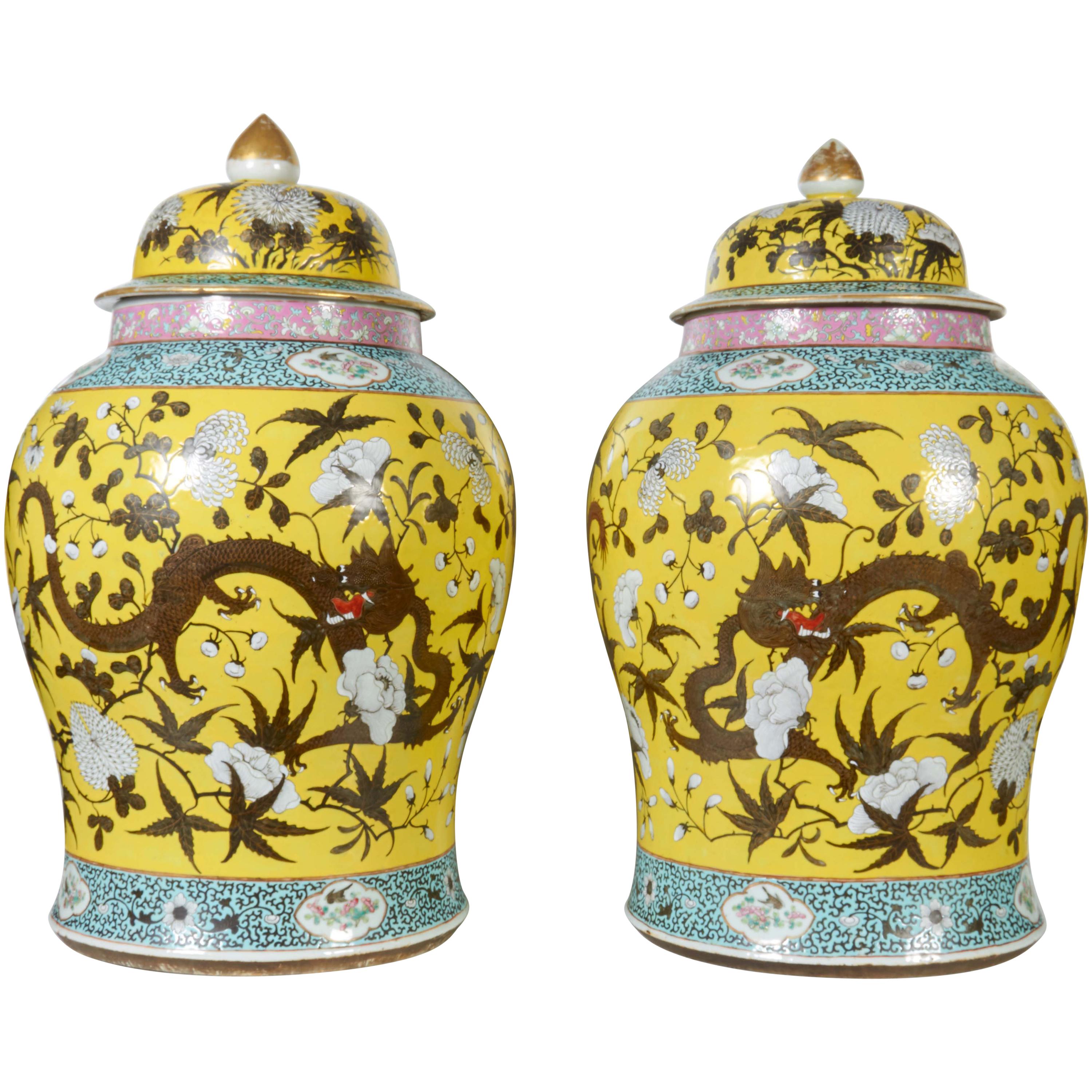 Large Pair of Chinese Famille Jaune Covered Jars with Painted Dragons