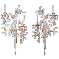 Pair of Finely Carved, Parrot Rock Crystal Baguès Style, Wall Appliqués/Sconces 4