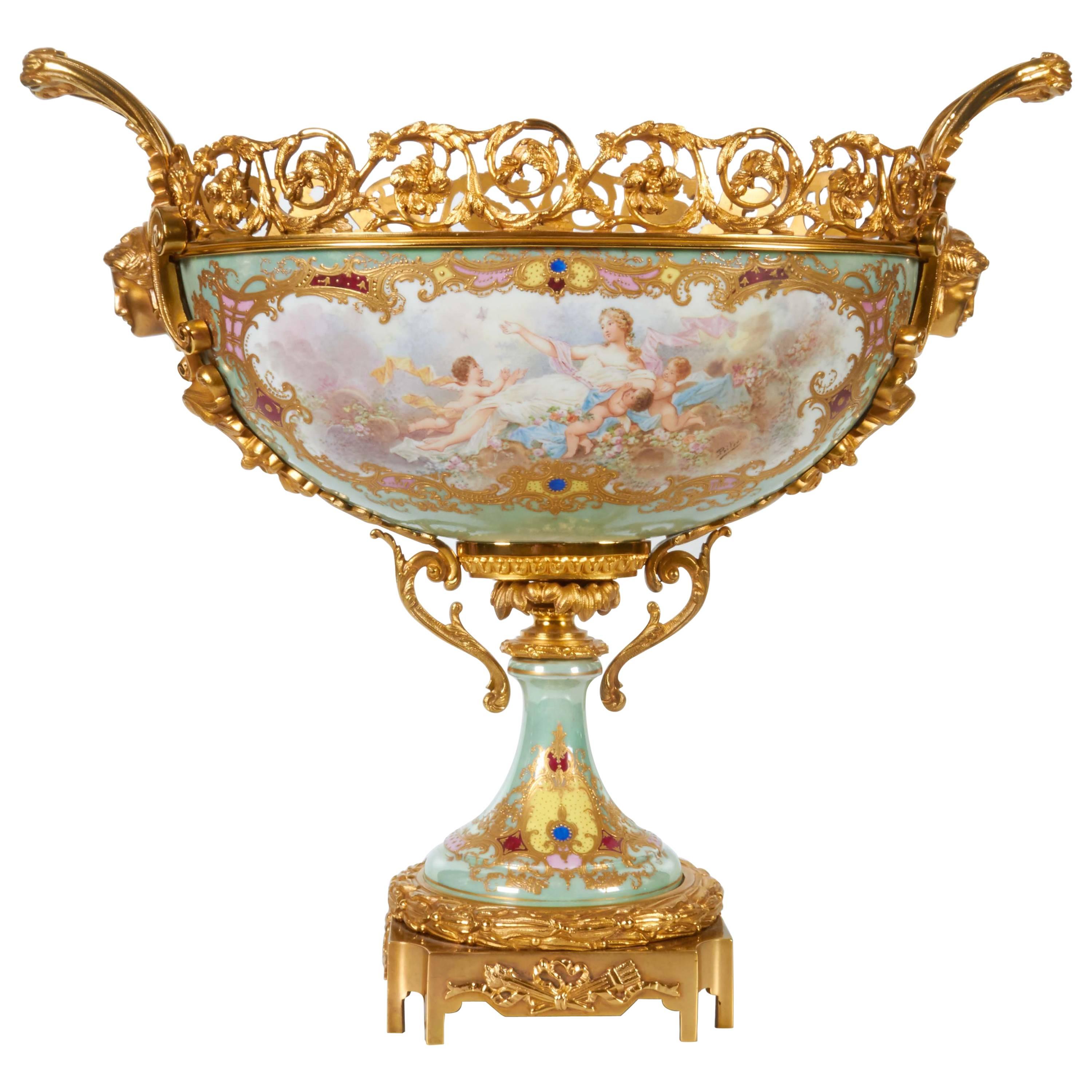 French Sèvres Porcelain & Ormolu-Mounted Hand-Painted Oval Centerpiece/Jardenier