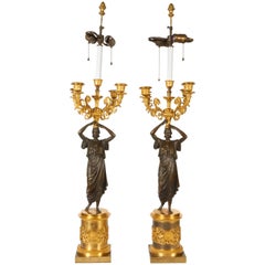 Pair of Superb Antique Italian Neoclassical Empire Bronze Figural Candelabras