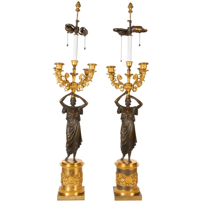 Pair of Superb Antique Italian Neoclassical Empire Bronze Figural Candelabras For Sale